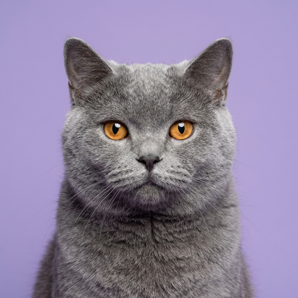 Grey cat on purple background