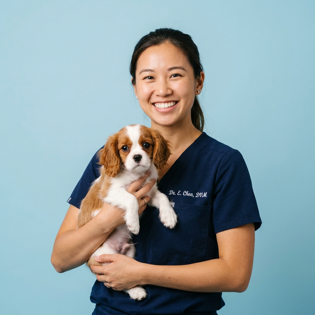 Veterinarian holding a puppy on blue background